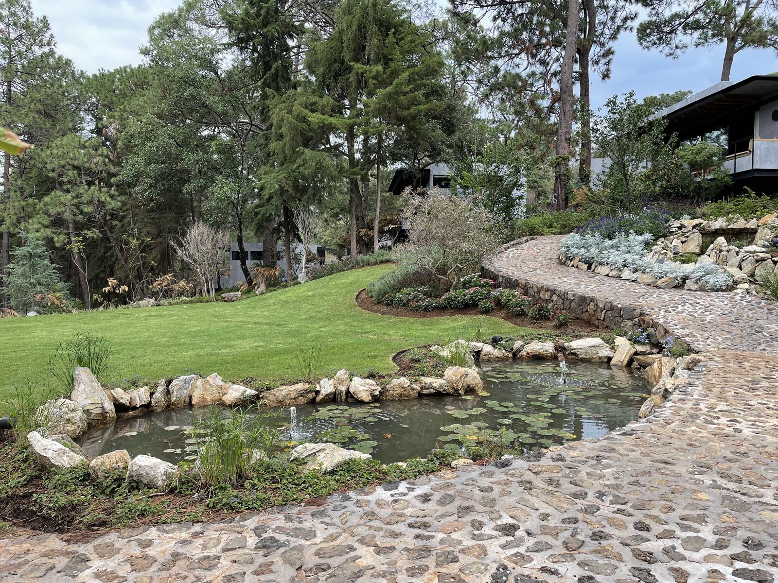 Estanque con nenúfares y sendero de piedra bola
